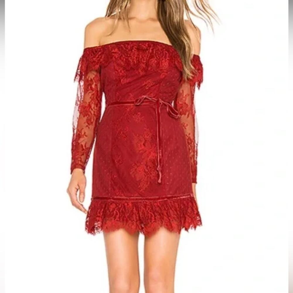 Lovers + Friends Sia Red Lace Off-Shoulder Dress Long Sleeve Women’s Size M
